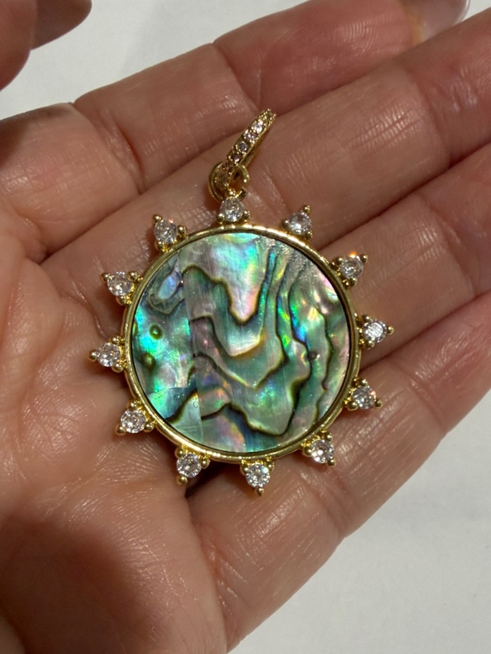 Gold Shell Sunburst Pendant Iridescent Green Abalone